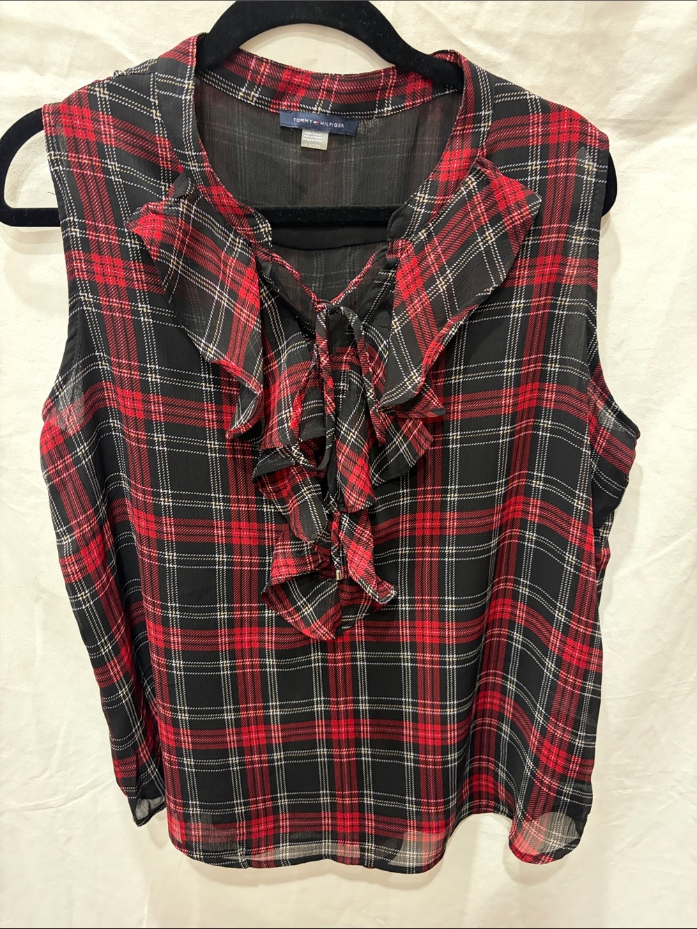 Tommy Hilfiger Red and Black Plaid Ruffle Tie-Front Sleeveless Blouse